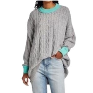 Free People Gray/Teal Cable Knit Sweater Size S Olympia Tunic Accent Panel Back
